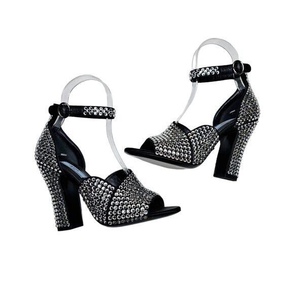 Prada Crystal Embellished Black Ankle Strap Heeled Sandals Size 36.5 US 6.5 - Picture 2 of 10